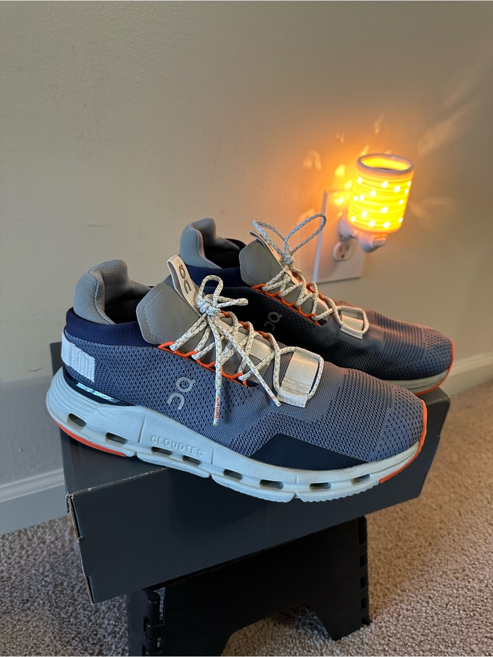 On Cloudnova Men's Grey Athletic Sneakers with Orange Accents. Size M9/W10.5